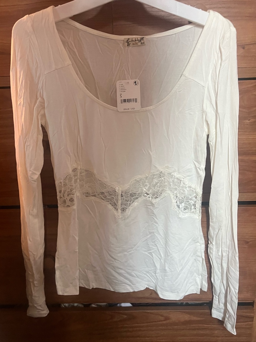 Free People White Long Sleeve Lace-Trim Top